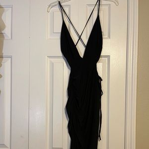 Full length black bodycon dress with crisscross spaghetti straps